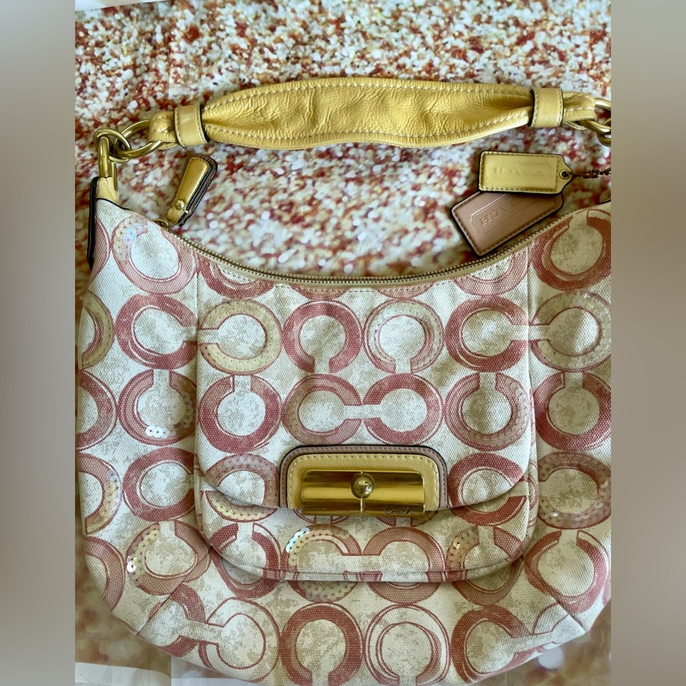 Coach pink, beige, and white sequin shoulder bag